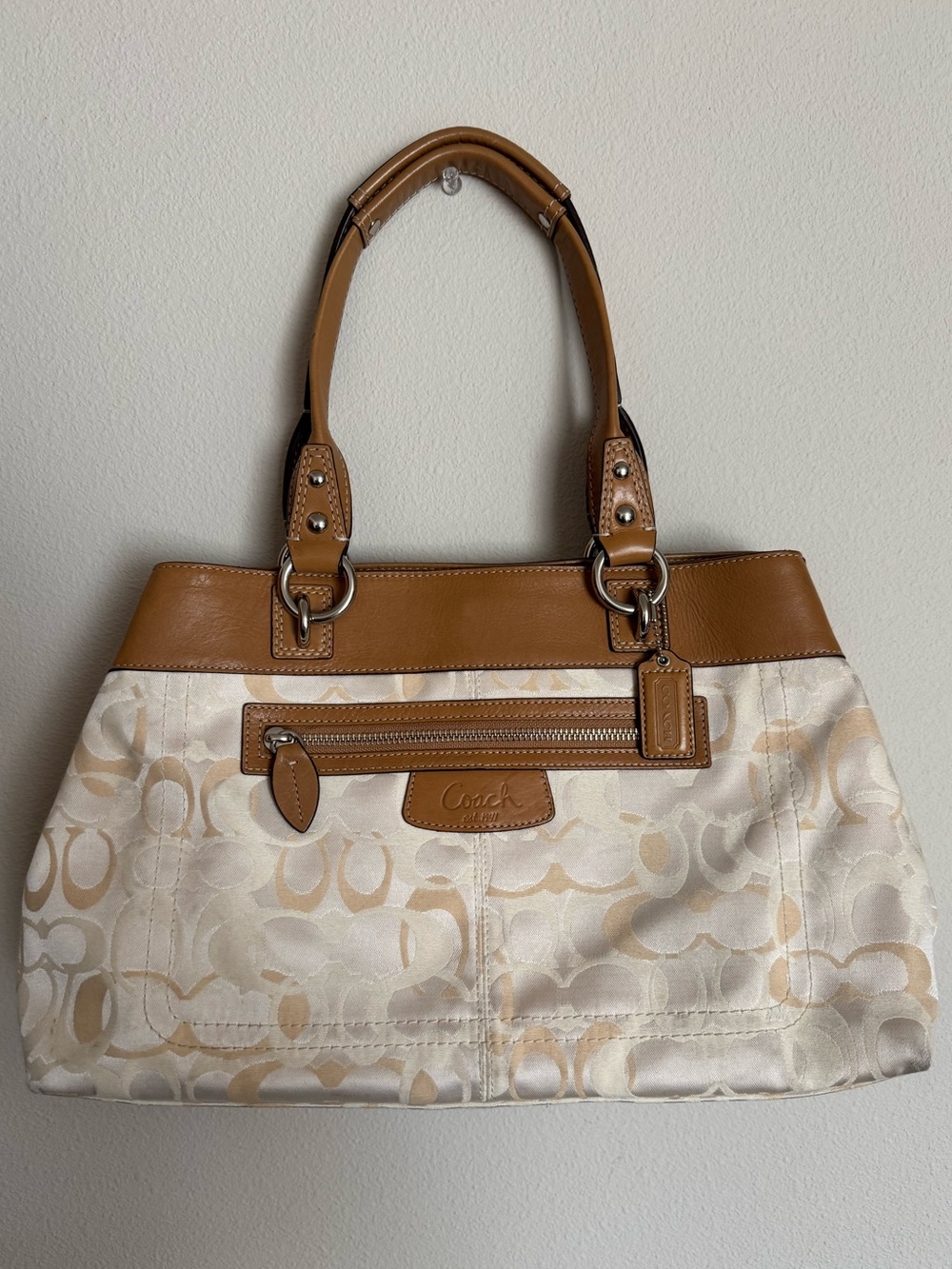 Coach Cream Signature Canvas Shoulder Bag with Tan Leather Trim